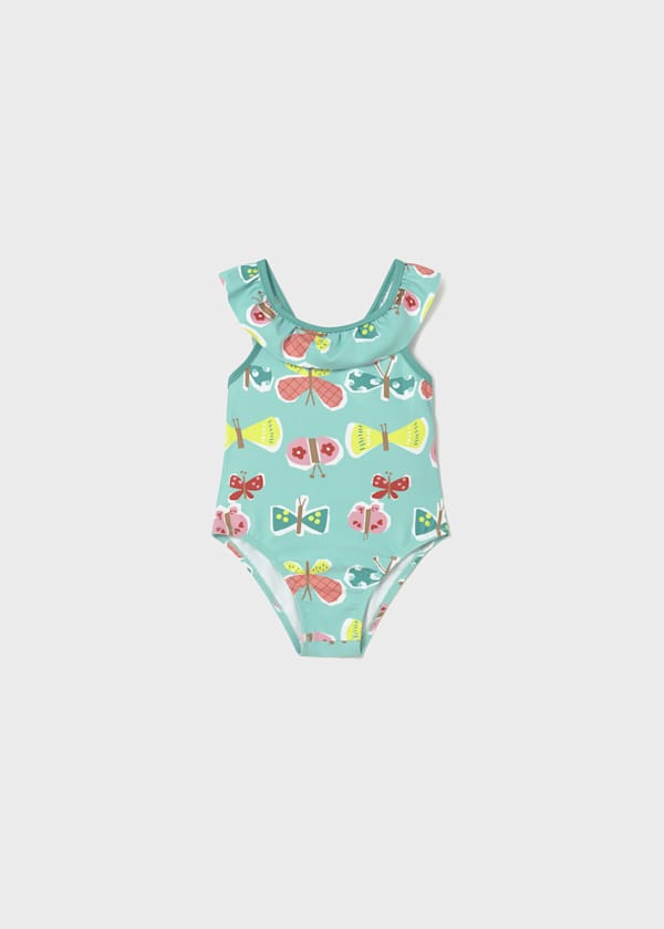 Printed Ruffled Trim Swimsuit in Turquoise