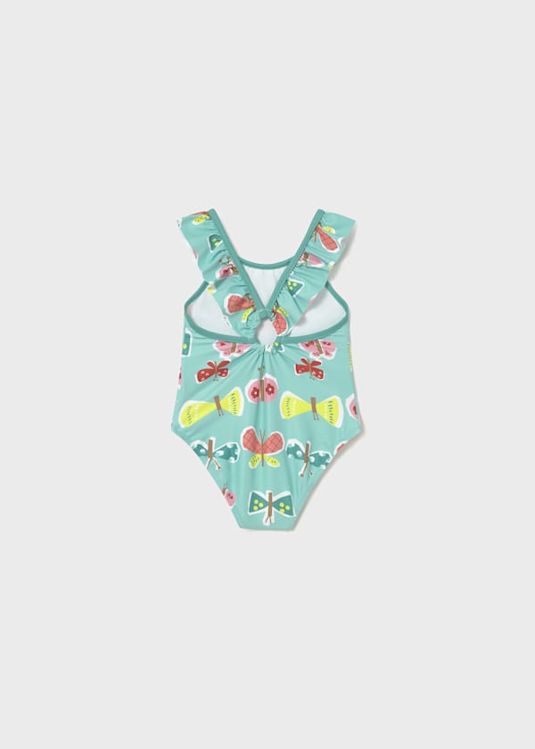 Printed Ruffled Trim Swimsuit in Turquoise