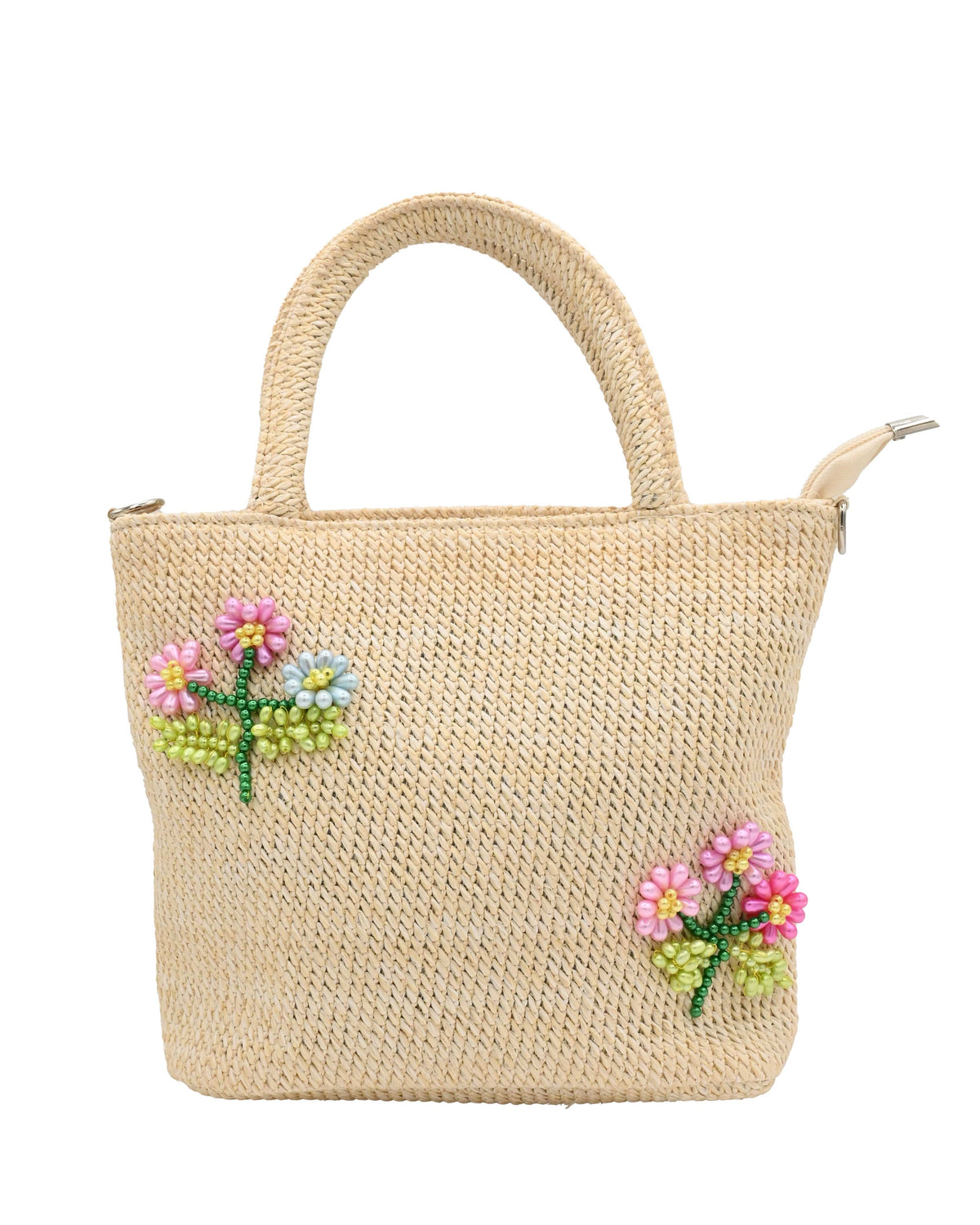 Beaded Flower Raffia Bag with Crossbody Strap