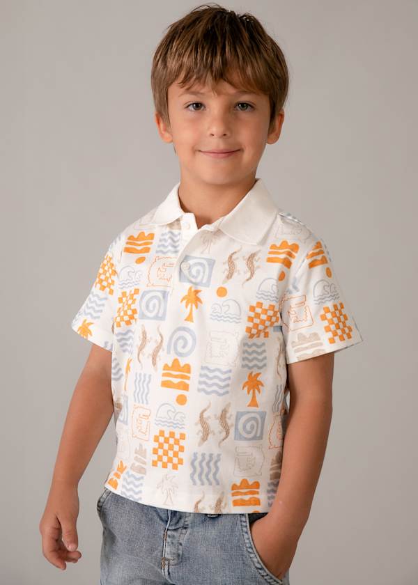 Printed Short Sleeve Polo in Cream & Peach