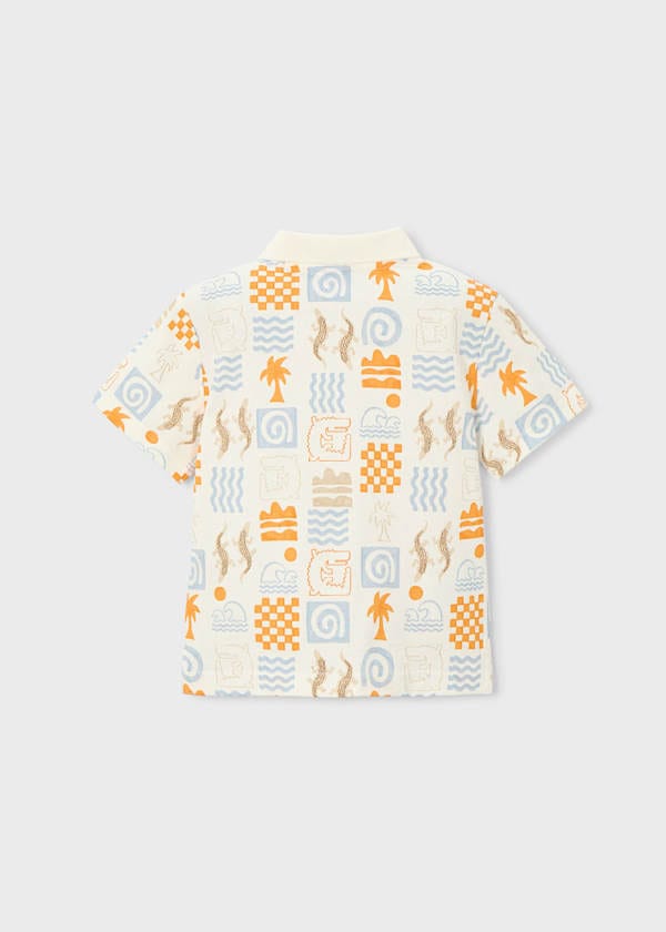 Printed Short Sleeve Polo in Cream & Peach