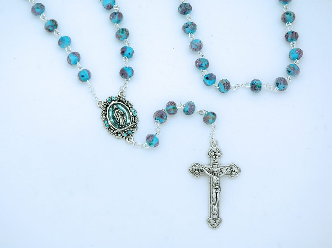 Contreras Designs Italian Rosary Aqua Blue Glass with Rose - Little Miss Muffin Children & Home