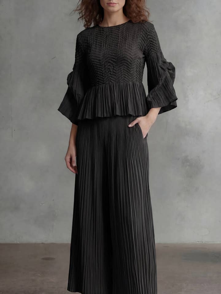 Ellyndale Pleated Blouse Top with Flared Sleeves & Sweep in Black - Little Miss Muffin Children & Home