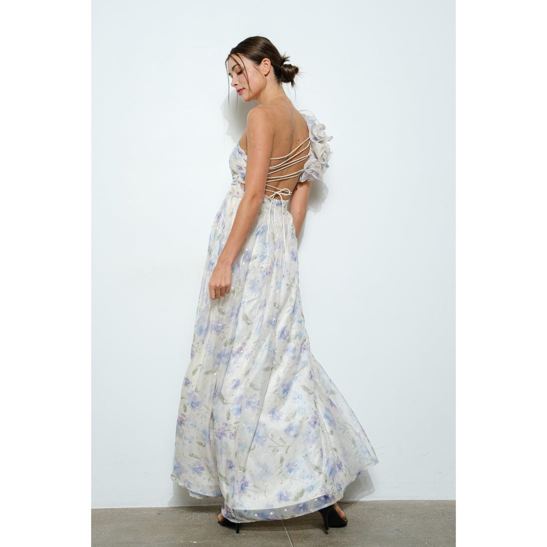 INA Floral One-Shoulder Lace Up Back Chiffon Maxi Dress - Little Miss Muffin Children & Home