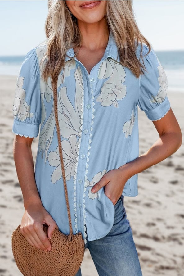 Aapparella Floral Ric Rac Edge Puff Sleeve Button Up Top in Blue - Little Miss Muffin Children & Home