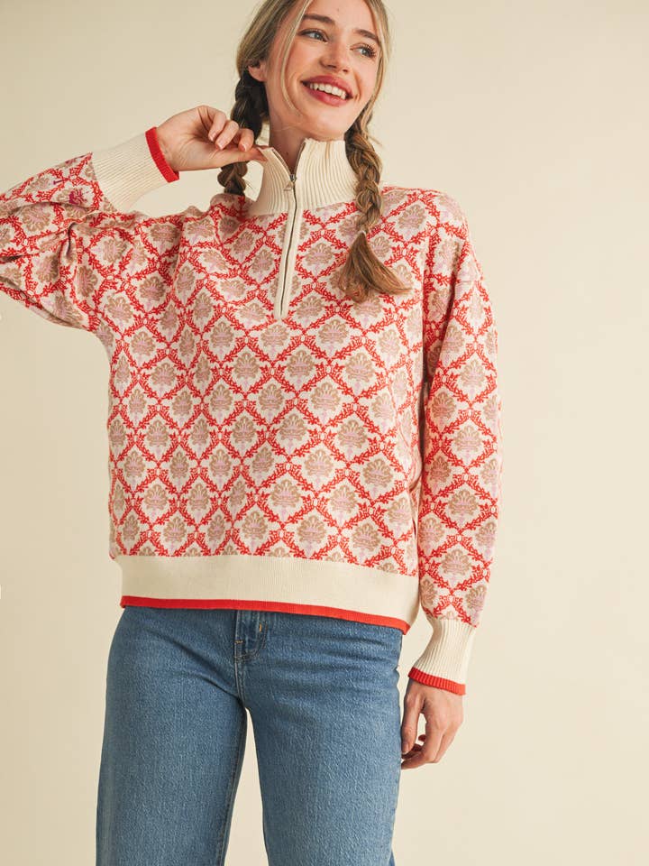 &merci Floral Mock Neck Half Zip Pullover in Red Orange Multi - Little Miss Muffin Children & Home