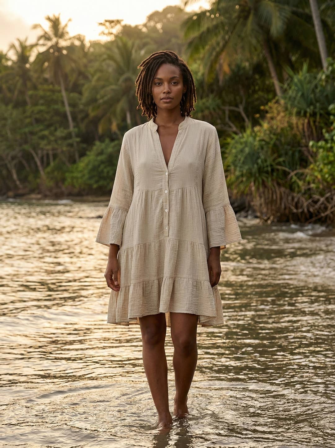 Beige 3/4 Sleeves Gauze Cotton Italian Short Dress