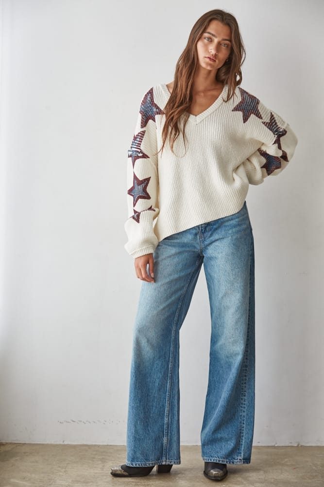 Knit Sweater Cotton Star Print Pullover