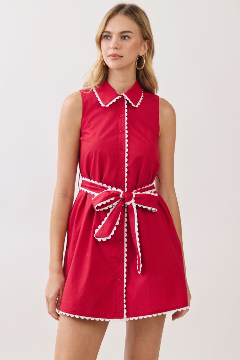 TCEC Scallop Trim Sleeveless Mini Shirt Dress with Sash Belt - Little Miss Muffin Children & Home