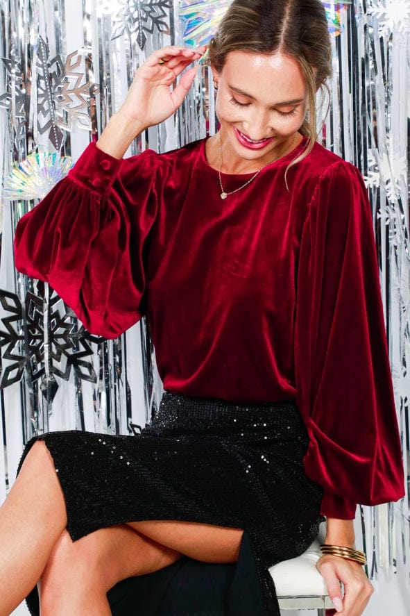 Vine & Love Vine & Love Long Balloon Sleeve Round Neck Velvet Blouse Top in Burgundy - Little Miss Muffin Children & Home