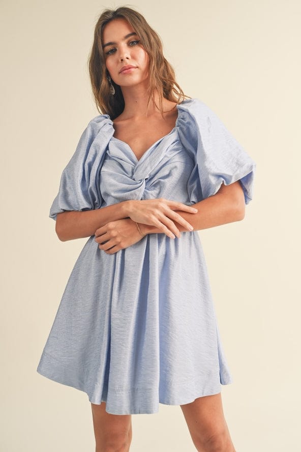 Miou Muse Miou Muse Puff Ballon Sleeve Knot Front Detail Dress in Blue - Little Miss Muffin Children & Home