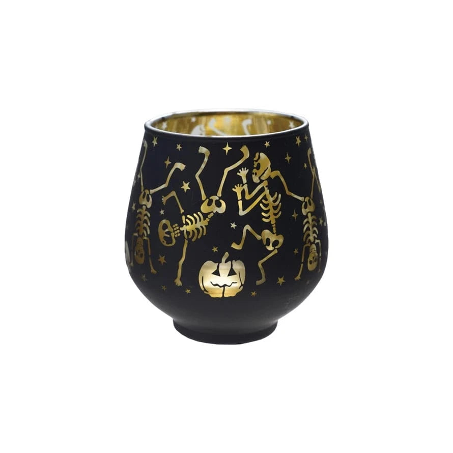 Creative Co-op Glass Tealight/Votive Holder with Dancing Skeletons & Jack-O-Lanterns - Little Miss Muffin Children & Home