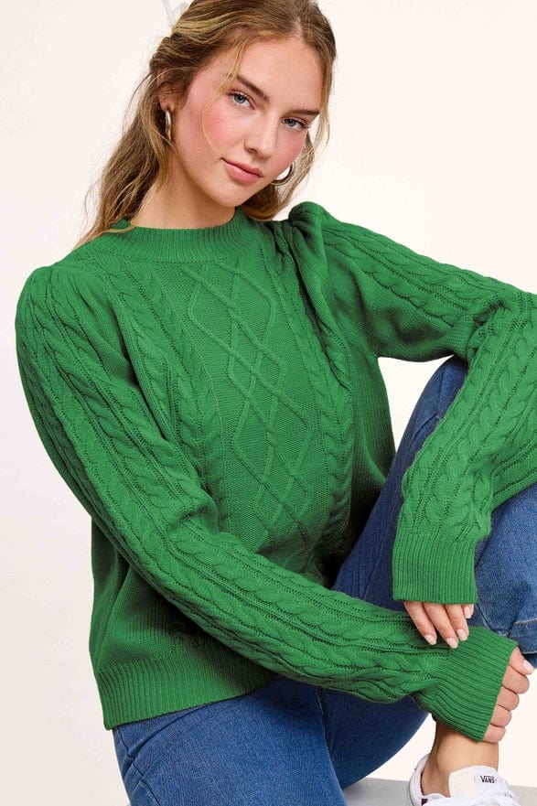 La Miel La Miel Cable Knit Crew Neck Sweater in Pine Tree - Little Miss Muffin Children & Home