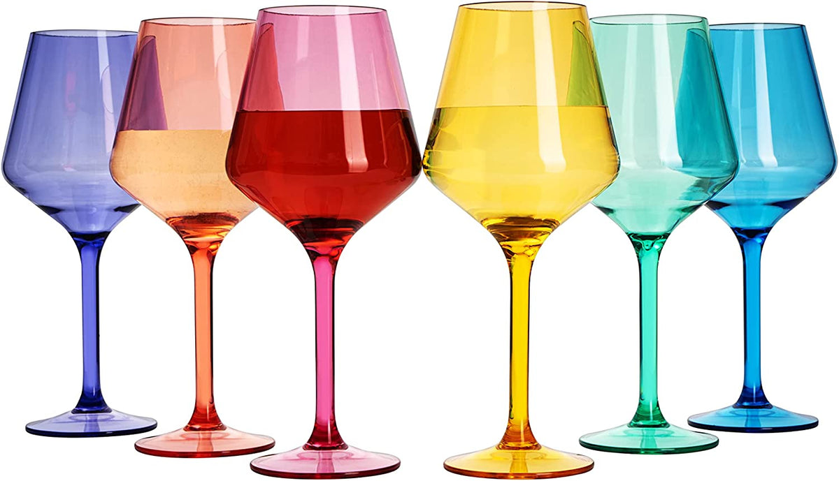 Colorful shatterproof stemmed acrylic wine glasses by The Wine Savant KHEN