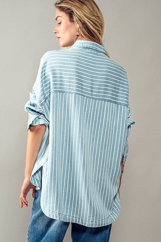 Urban Daizy Urban Daizy Striped Button Down Shirt in Chambray - Little Miss Muffin Children & Home
