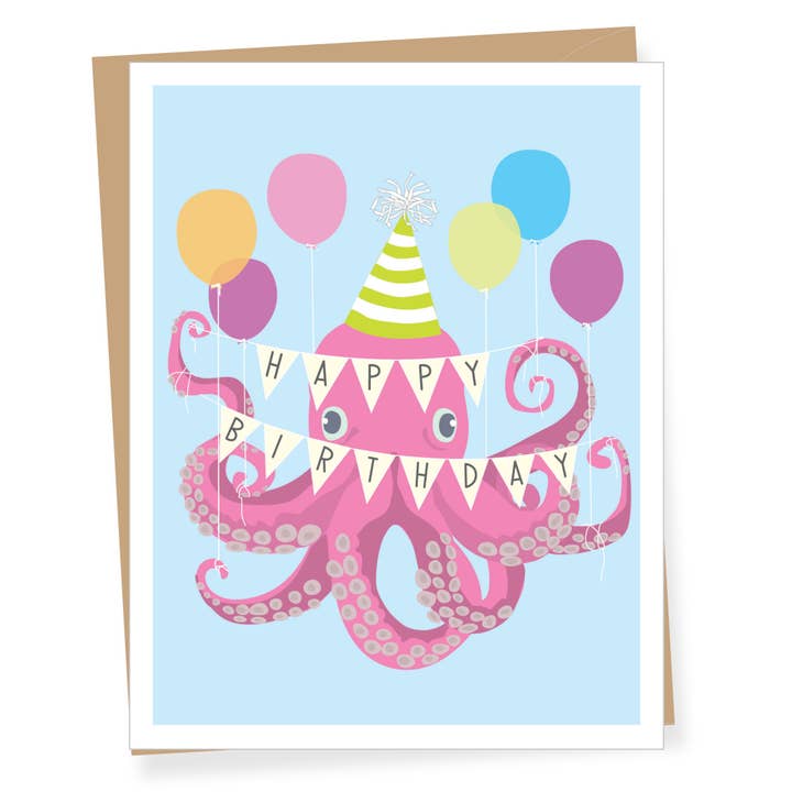 Birthday card with a pink octopus holding balloons and a party hat on a light blue background.