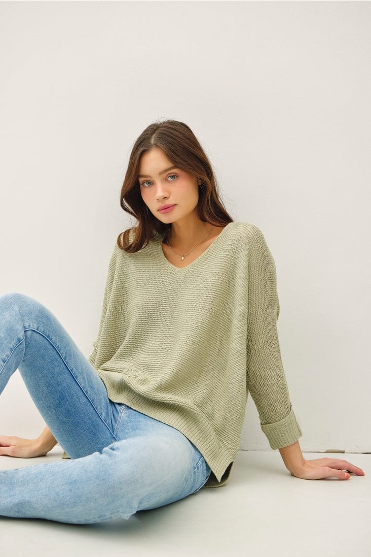 Be Cool Be Cool V-Neck Sweater with Side Slits in Sage - Little Miss Muffin Children & Home
