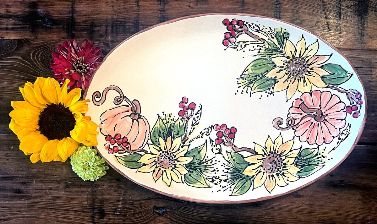 Magnolia Creative Co Fall Pumpkins Oval Platter, hand-painted pumpkins and sunflowers