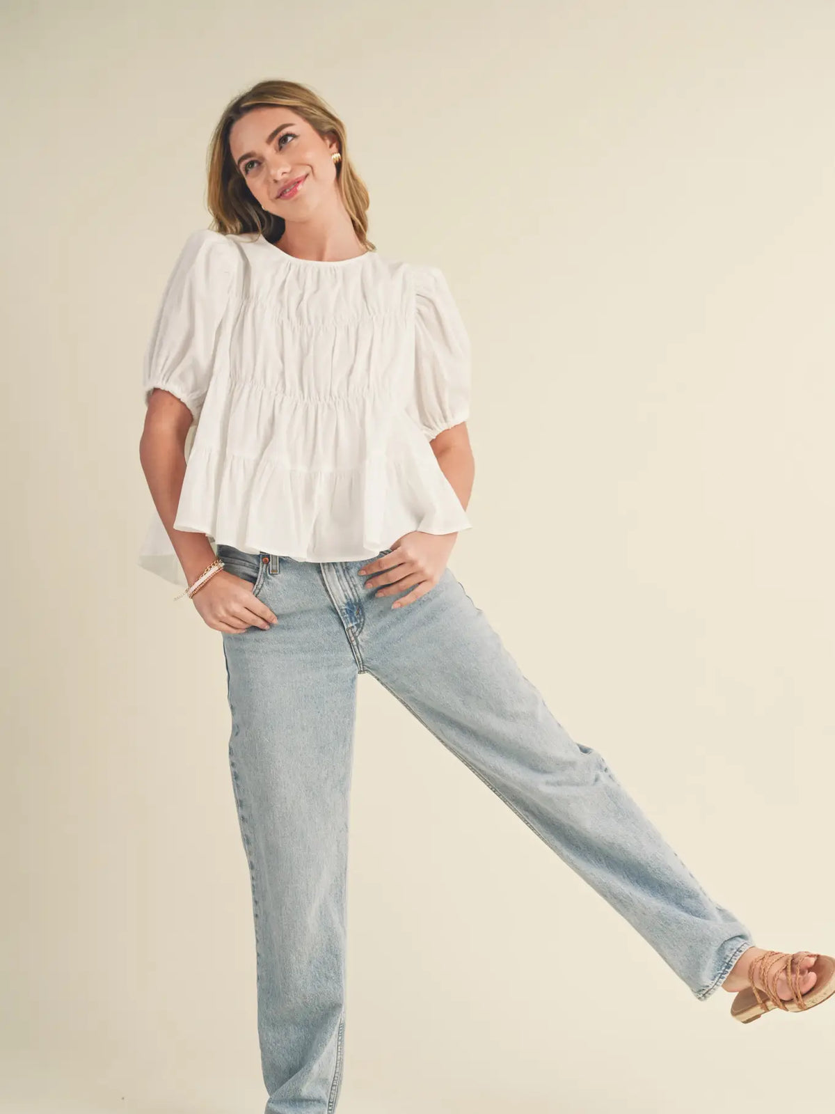 Tiered Puff Sleeve Top in Off White