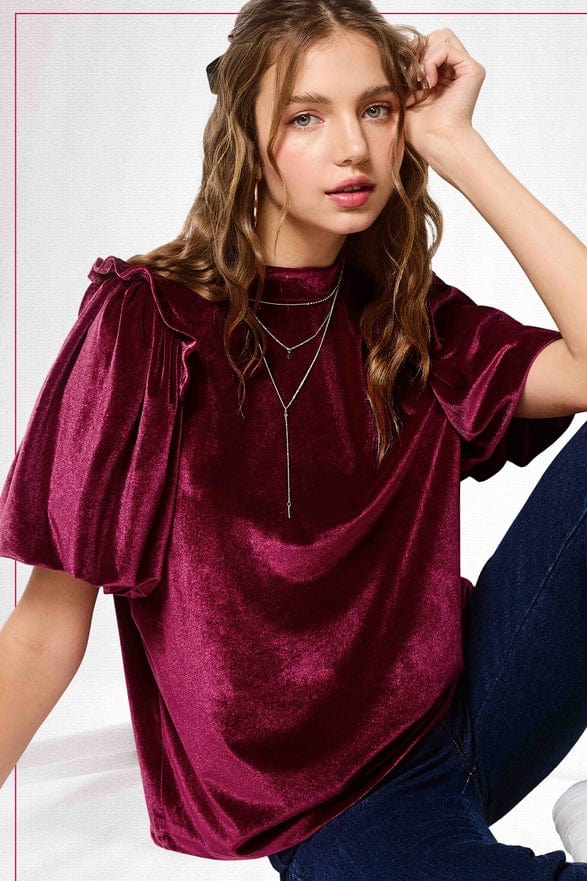 La Miel La Miel Short Sleeve Velvet Top in Garnet - Little Miss Muffin Children & Home