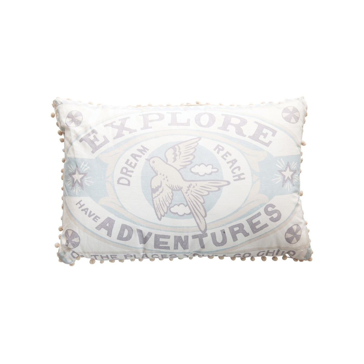 Creative Co-op "Explore" & "Have Adventures" Print with Bird, Blue Lumbar Cotton Pillow with Pom Poms - Little Miss Muffin Children & Home