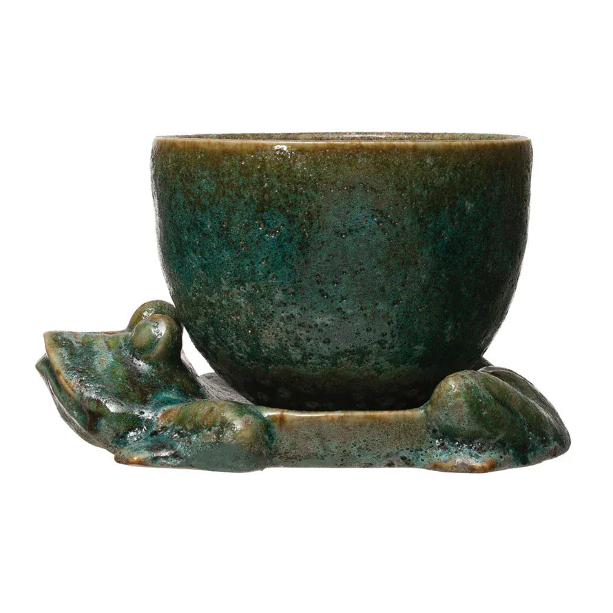 Green Reactive Glaze Stoneware Planter with Frog Saucer Base