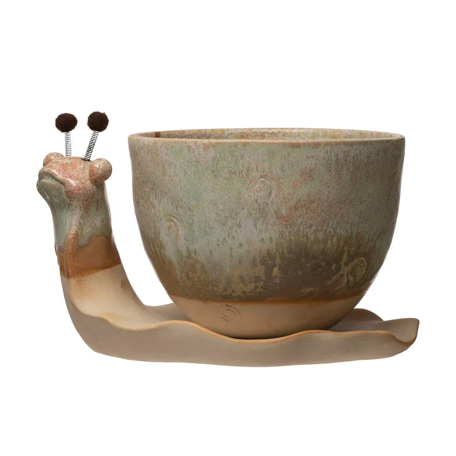 Brown Reactive Glaze Stoneware Planter with Snail Saucer Base