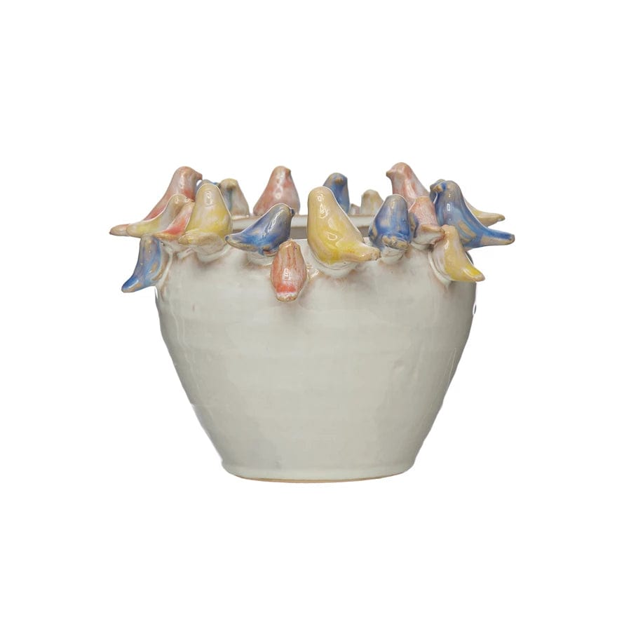 Creative Co-Op Creative Co-op Stoneware Planter with Birds on Rim, Reactive Glaze - Little Miss Muffin Children & Home
