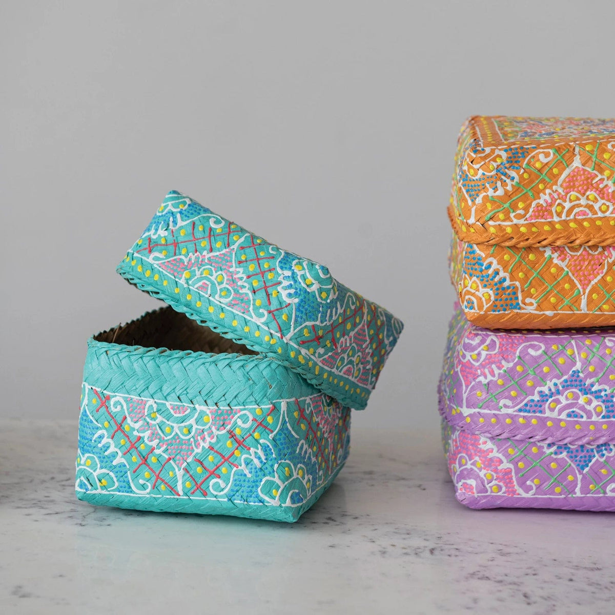 Creative Co-Op Creative Co-op Hand-Painted Woven Bamboo Trinket Boxes, Available in 3 Colors - Little Miss Muffin Children & Home