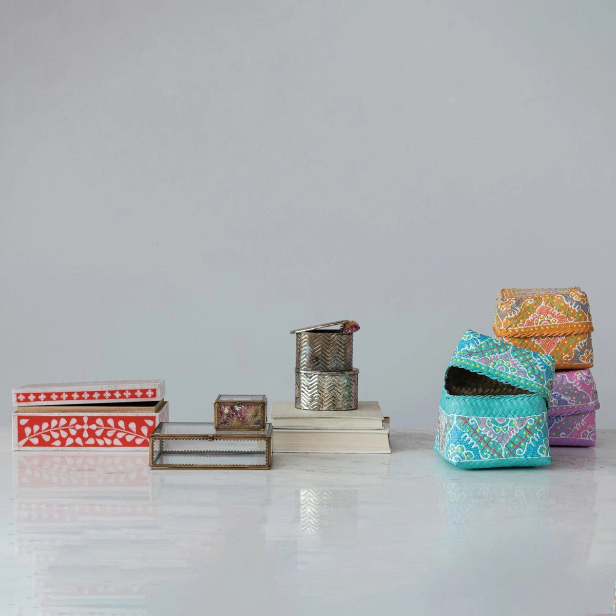 Creative Co-Op Creative Co-op Hand-Painted Woven Bamboo Trinket Boxes, Available in 3 Colors - Little Miss Muffin Children & Home