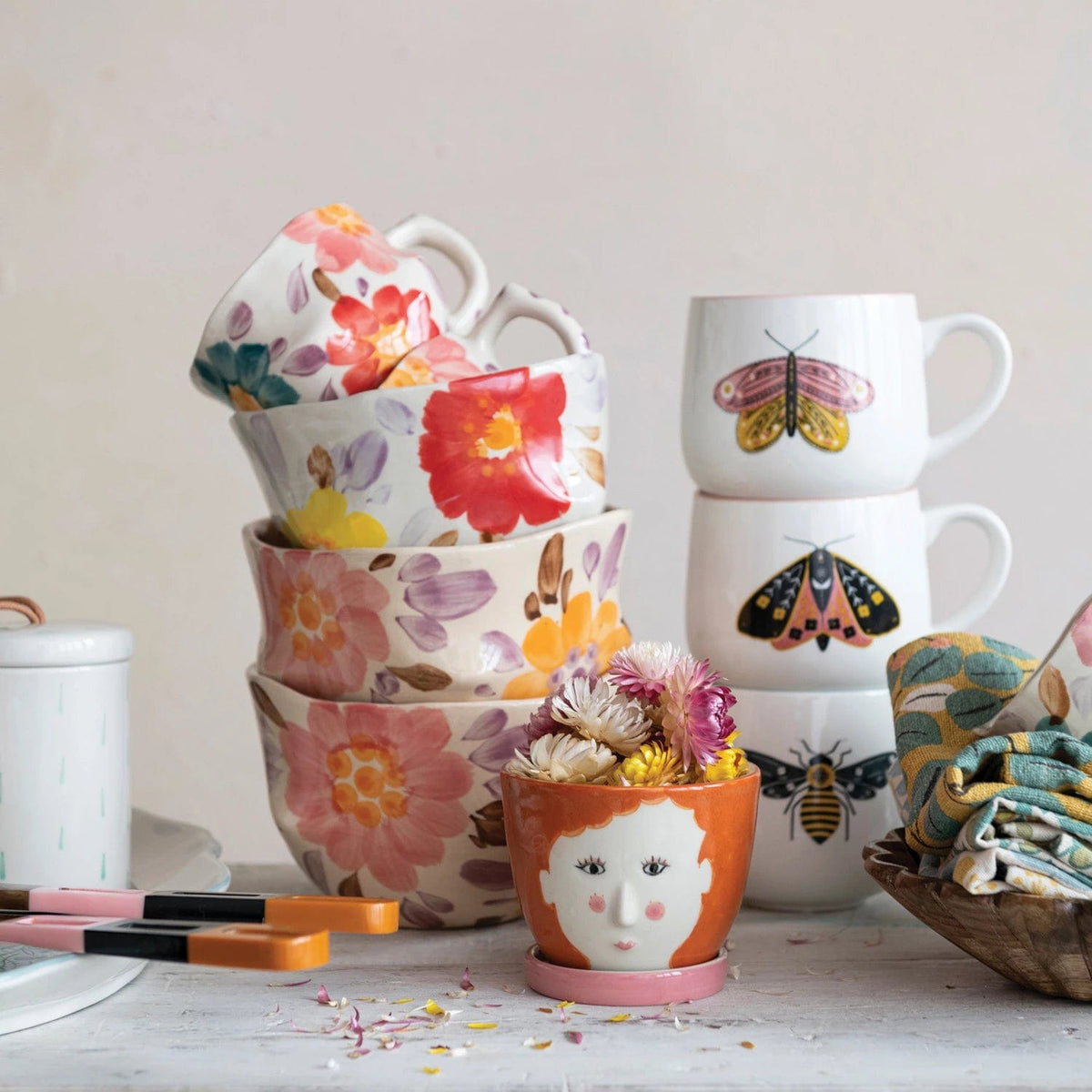 Creative Co-Op Creative Co-op Floral Hand-Painted Stoneware Serving Bowl - Little Miss Muffin Children & Home