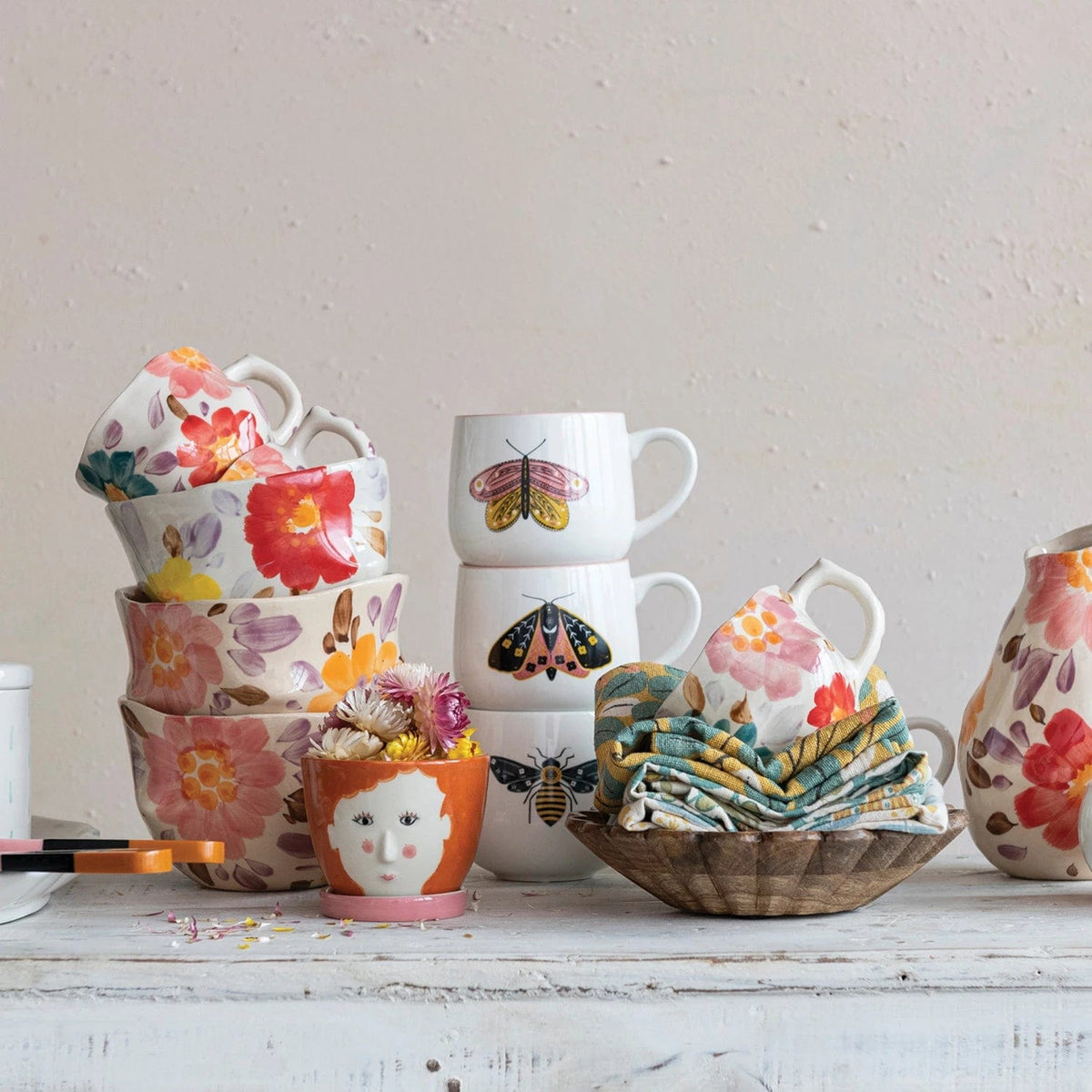 Creative Co-Op Creative Co-op 12 oz. Stoneware Mug with Insect & Colored Rim - Little Miss Muffin Children & Home