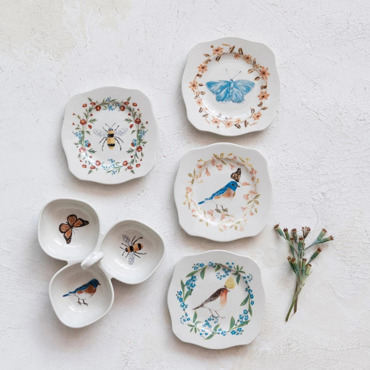 Creative Co-op Stoneware Scalloped Plate with Insect/Bird & Flowers, 4 Styles Available - Little Miss Muffin Children & Home