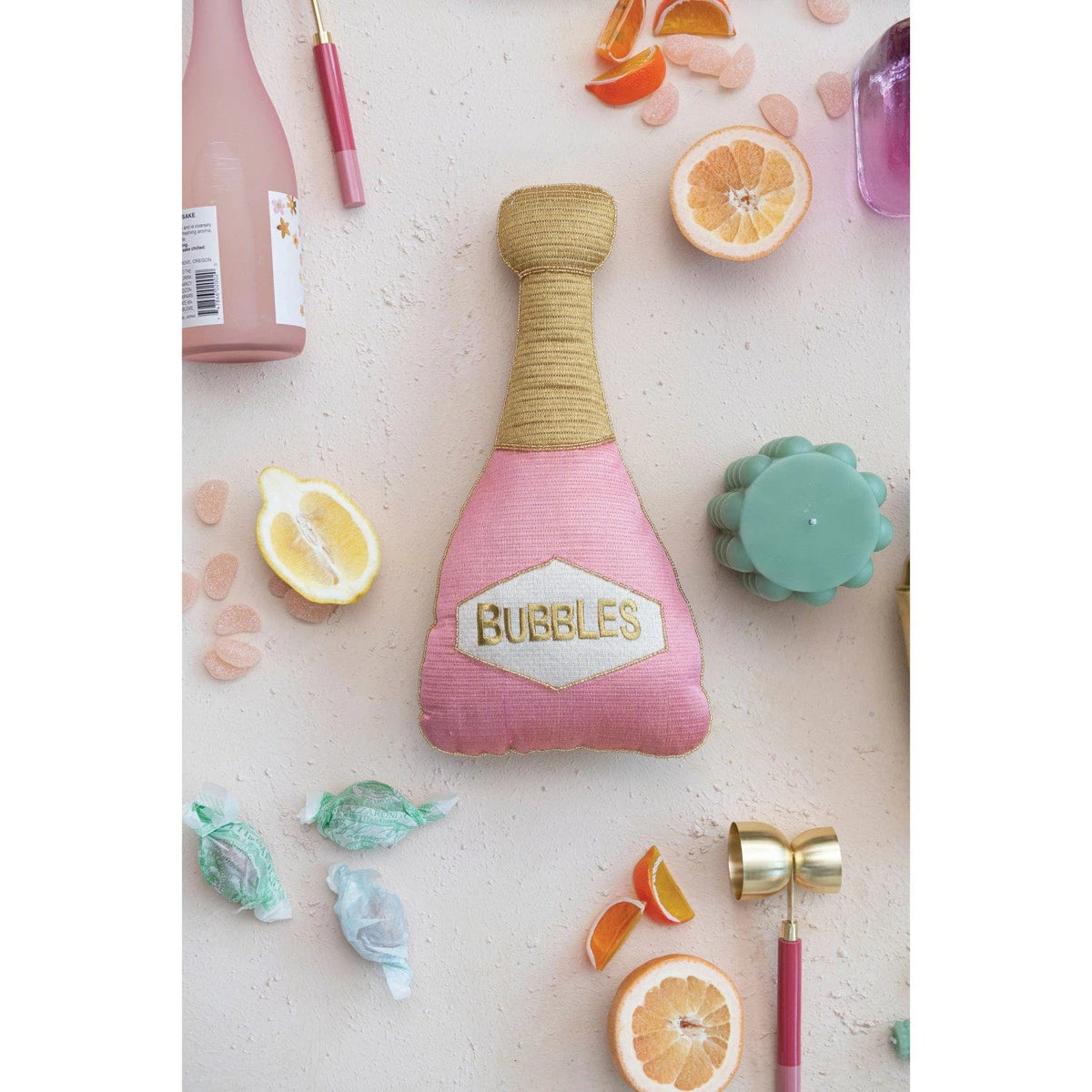 Creative Co-op Creative Co-op Cotton Champagne Bottle Shaped Throw Pillow with "BUBBLES" Embroidery, Pink & Gold - Little Miss Muffin Children & Home