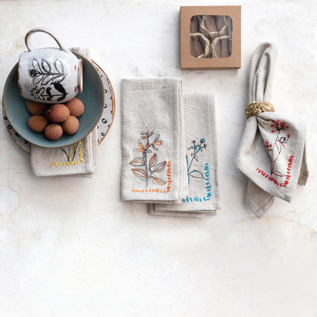 Creative Co-op Cotton Printed Napkins with Hand-Embroidery & French Knots, Set of 4 - Little Miss Muffin Children & Home