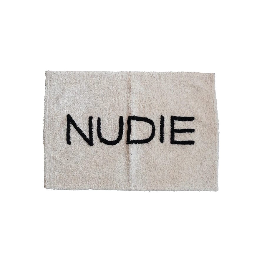 Creative Co-op Creative Co-op 40"L x 27"W White Cotton Tufted Bath Mat with "NUDIE" in Black - Little Miss Muffin Children & Home