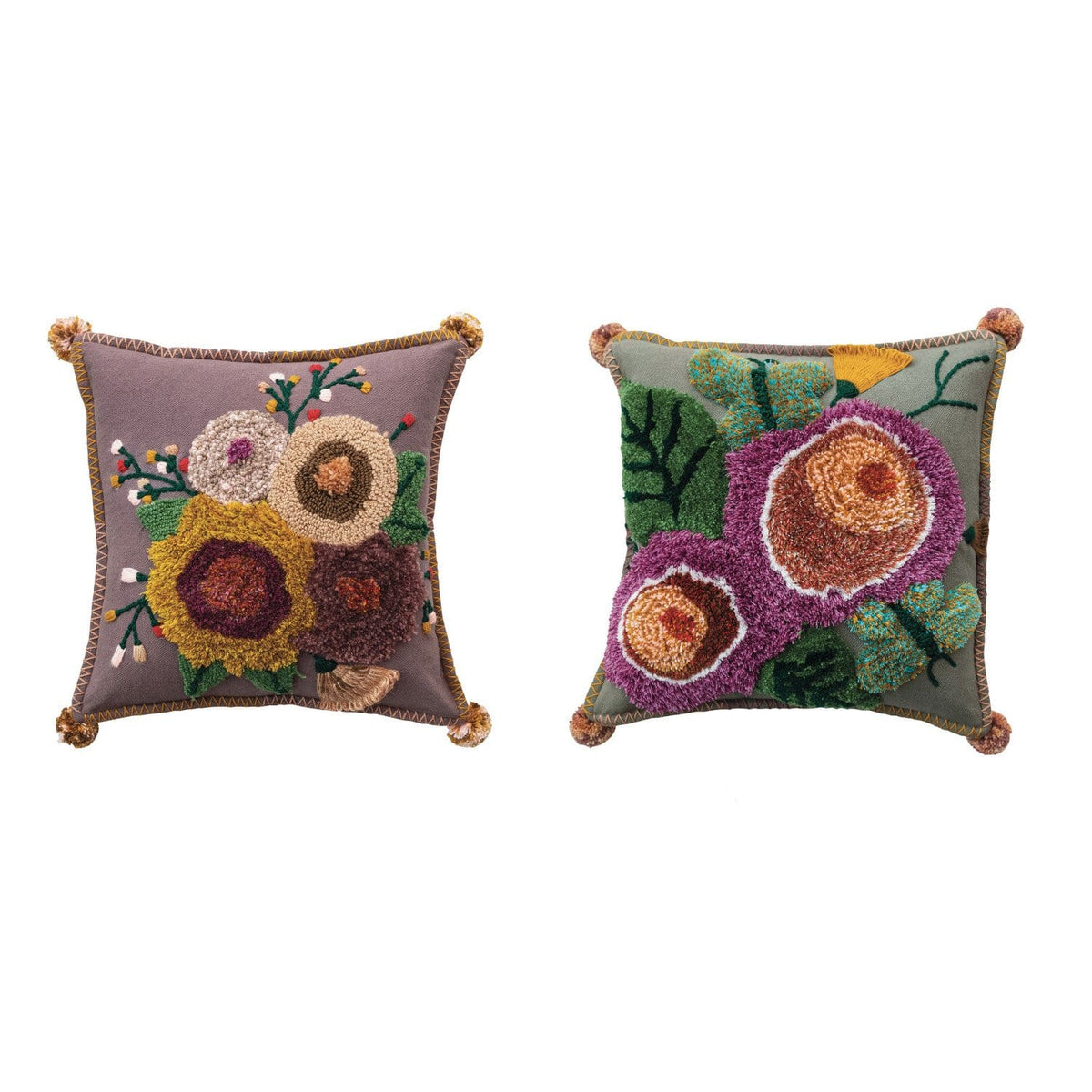 Creative Co-op 18" Square Cotton Tufted Floral Pillow with Pom Poms, 2 Available Styles - Little Miss Muffin Children & Home