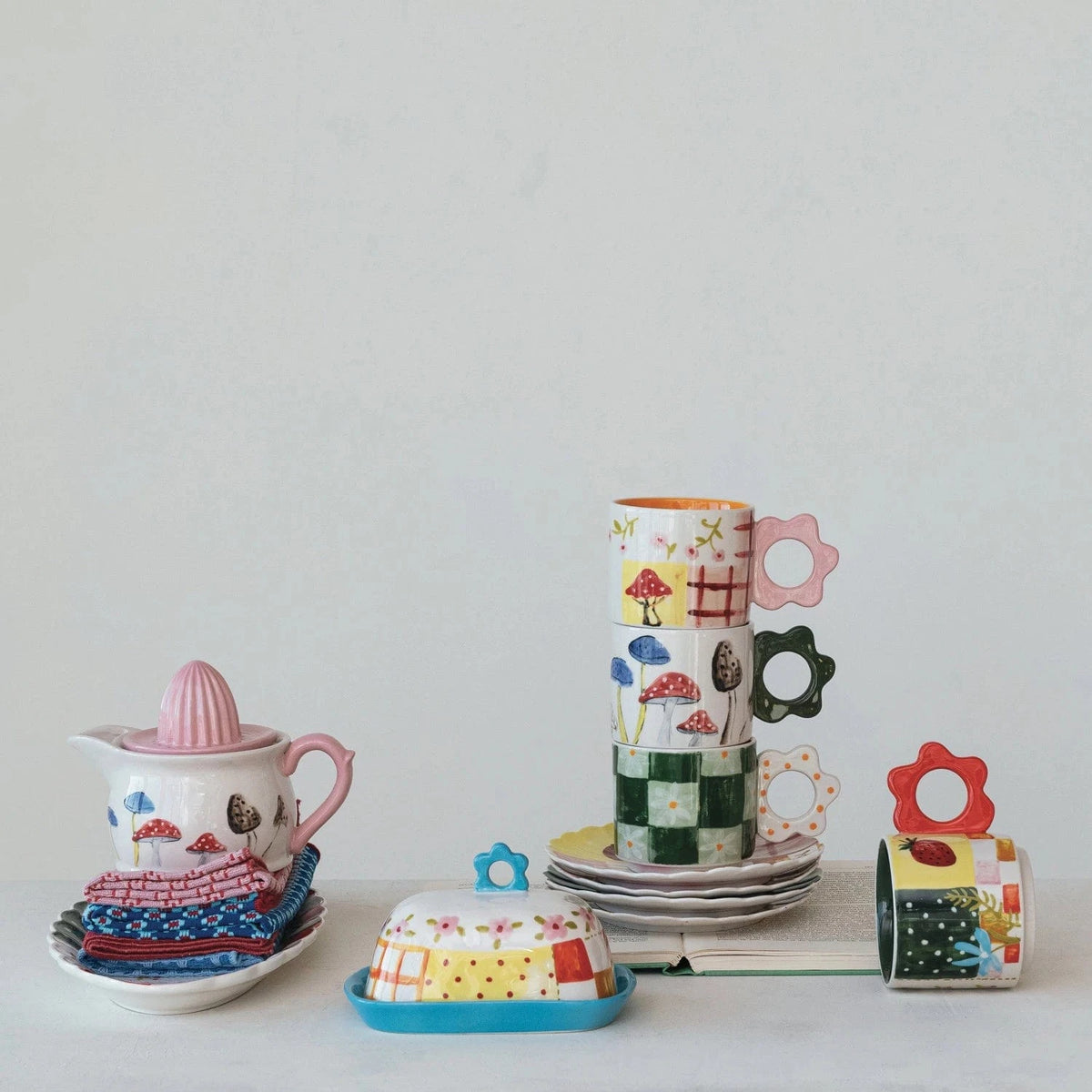 Creative Co-op Hand-Painted Stoneware Butter Dish with Pattern & Flower Shaped Handle - Little Miss Muffin Children & Home