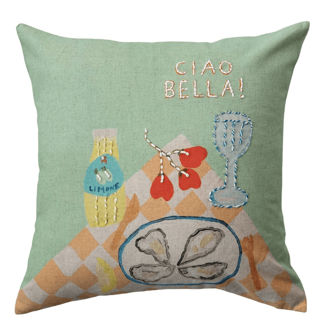 Creative Co-op 18" Square Cotton & Linen Embroidered "Ciao Bella!" with Tablescape - Little Miss Muffin Children & Home