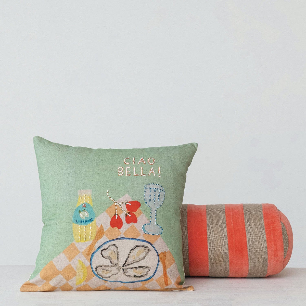 Creative Co-op 18" Square Cotton & Linen Embroidered "Ciao Bella!" with Tablescape - Little Miss Muffin Children & Home