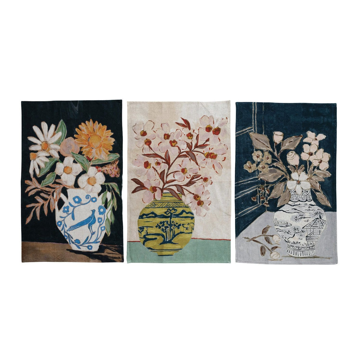 Cotton & Linen Printed Tea Towel with Flowers in Vase, 3 Available Styles