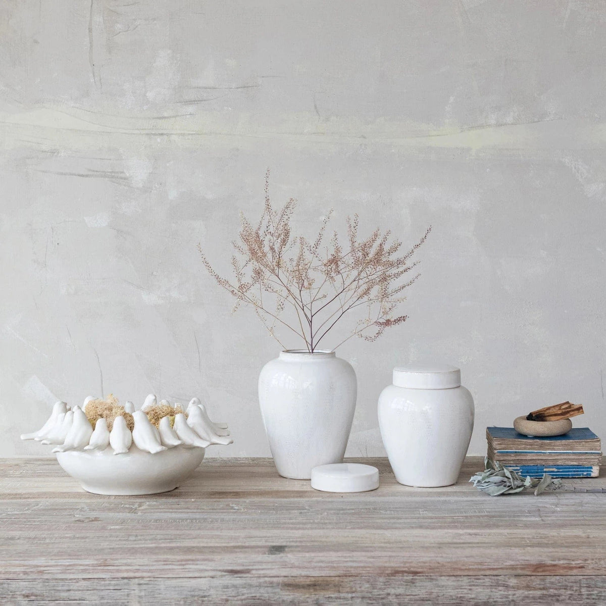 Creative Co-op Decorative Stoneware Bowl with Birds on Rim, White - Little Miss Muffin Children & Home