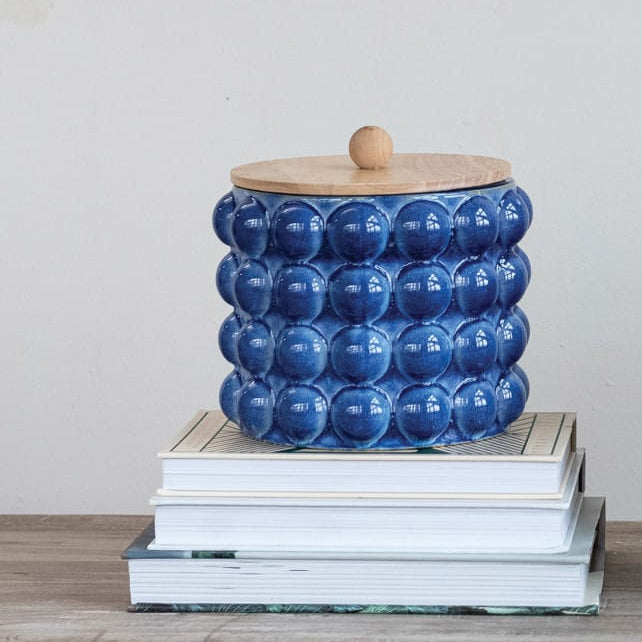 Stoneware Canister with Raised Dots & Wood Lid (Each Will Vary)