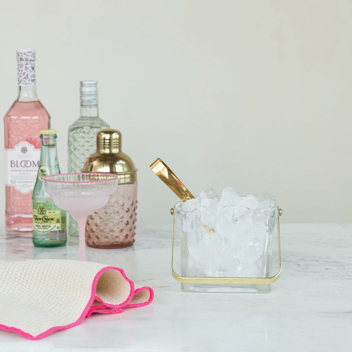 Textured Glass 24oz Ice Bucket with Tongs