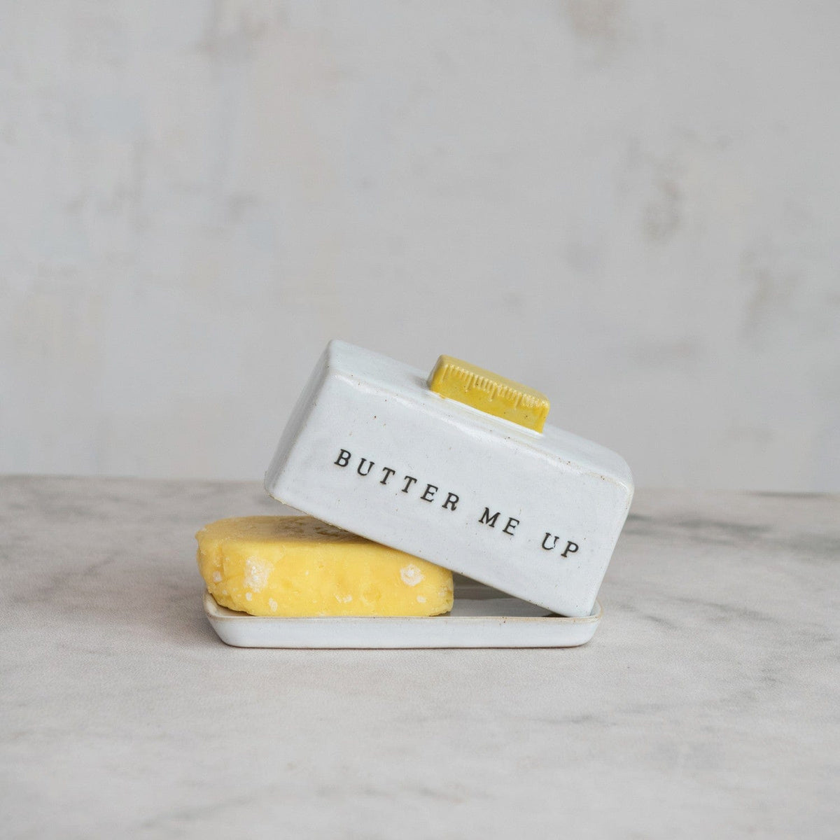 Creative Co-op Reactive Glaze Stoneware Butter Dish w/ Debossed "Butter Me Up" (Each One Will Vary) - Little Miss Muffin Children & Home