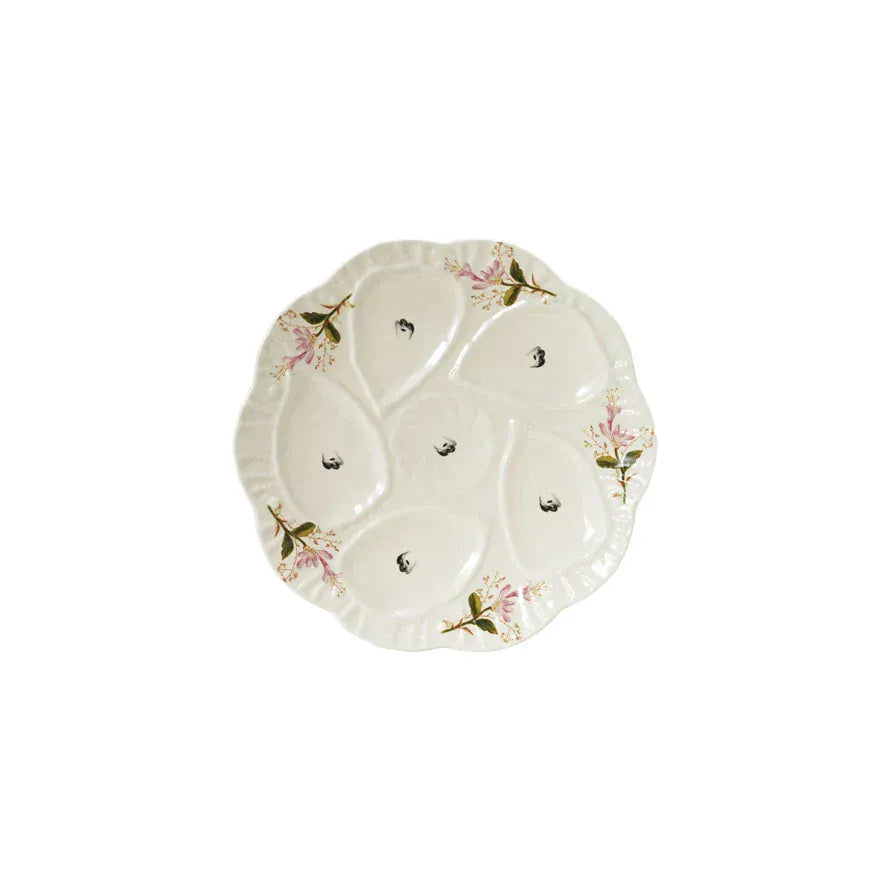 Stoneware Vintage Reproduction Scalloped Oyster Plate with Flowers