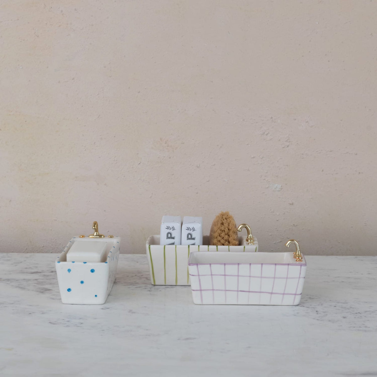 Creative Co-op Hand-Painted Stoneware Bathtub Shaped Soap Dish with Pattern, 3 Styles Available - Little Miss Muffin Children & Home