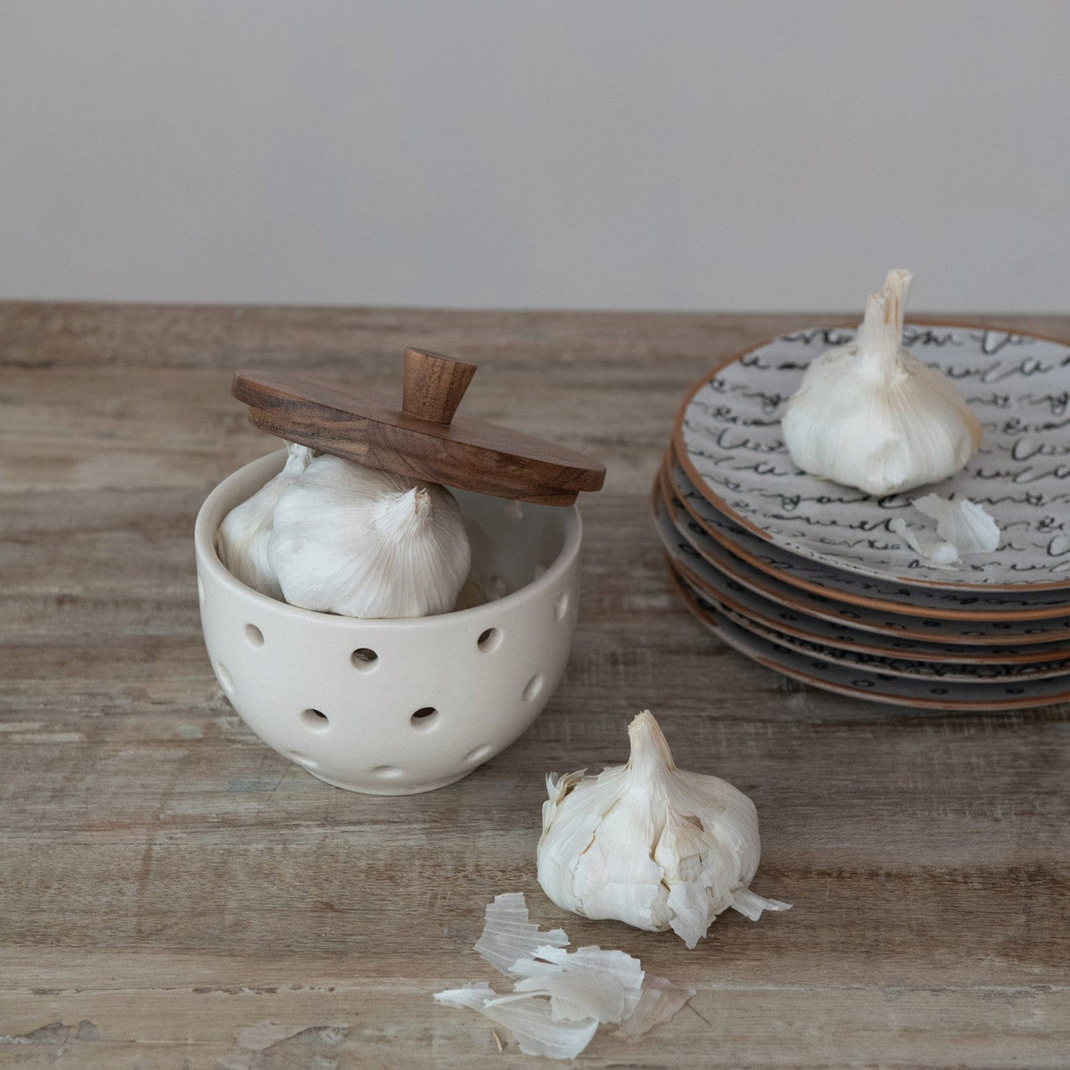 Creative Co-op Stoneware Garlic/Onion Keeper with Mango Wood Lid - Little Miss Muffin Children & Home