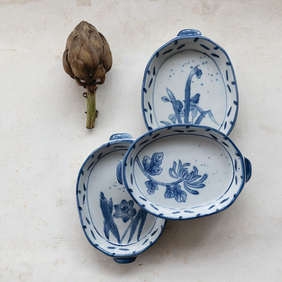 Creative Co-op Hand-Painted Stoneware Baker with Handles, 3 Available Styles (Each One Will Vary) - Little Miss Muffin Children & Home