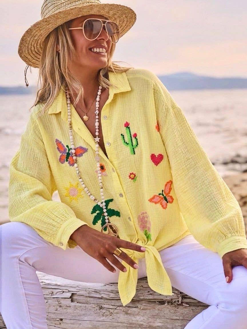 Italian OS Yellow Gauze Cotton Butterfly Cactus Shirt